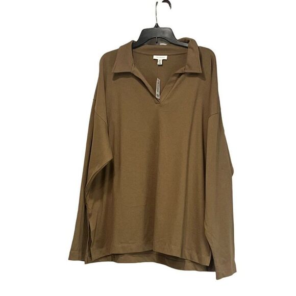 TOPSHOP Women’s Oversize Long Sleeve Cotton Polo in Taupe, Sz. 12 - Picture 9 of 10
